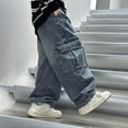 thumbnail image 5 of dazeni Boys Baggy Jeans for Kids Teen Y2K Loose Elastic Waist Denim Pants Casual Straight Wide Leg Cargo Jeans Trousers with Pockets Blue, 5 of 6
