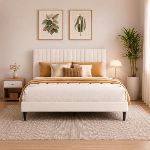 Full Size Bed Frame with Headboard, White Velvet Upholstered Platform Bed Frame, Adjustable Height Tufted Headboard, Wood Slat Support, Noise Free, No Box Spring Needed, Easy Assembly
