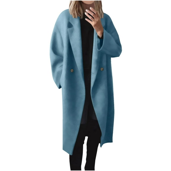 jtjvou Women's Oversized Casual Comfy Trench Coat, Classic Open Front Notched Lapel Blazer Jackets Woolen Pea Coat Blue XXL