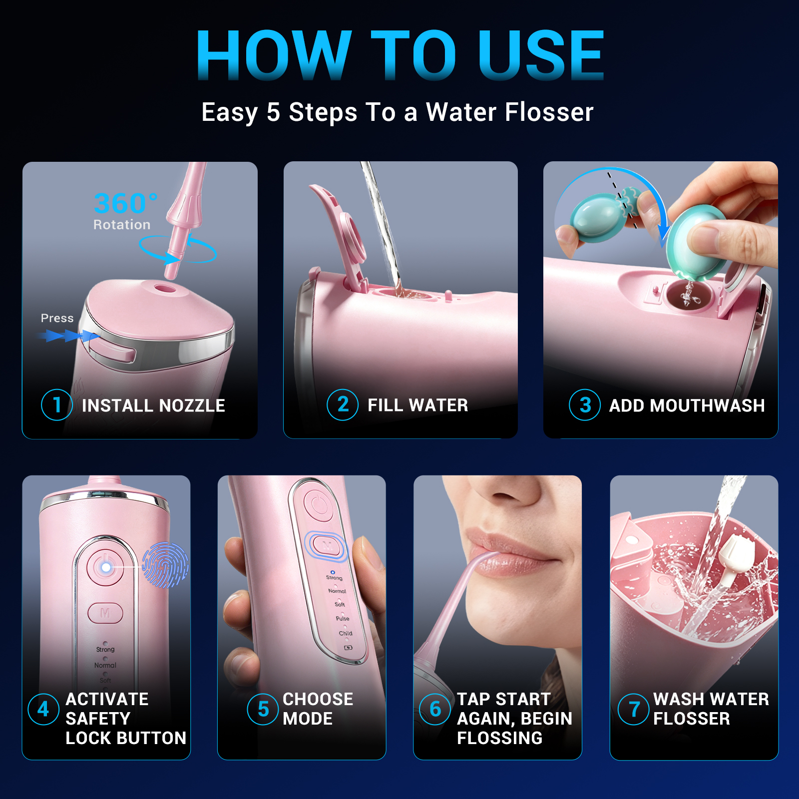 MySmile LP211 Cordless Water Flosser, 5 Modes, Pink photo 5