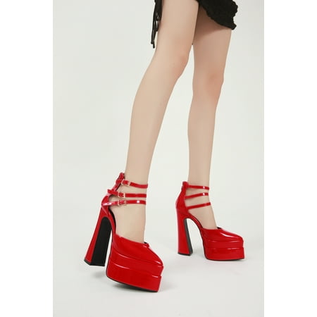 

HHH Catwalk Buckled Chunky Heel Pointed-Toe Hollowed Patent Leather Sandals Super High Heel Platform High Heel Platform Shoes Catwalk Heel Shoes