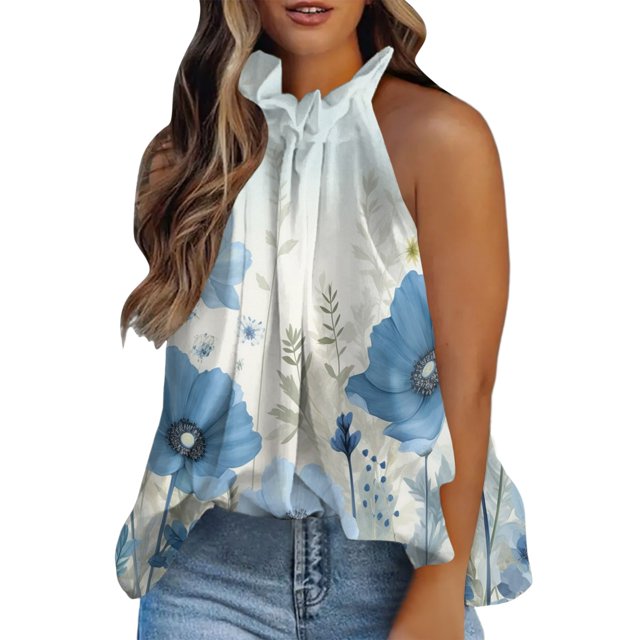 Gibobby Camisetas sin mangas para mujer, holgadas, plisadas, de verano, sin mangas, con dobladillo curvo S 2XL(Azul,XG)
