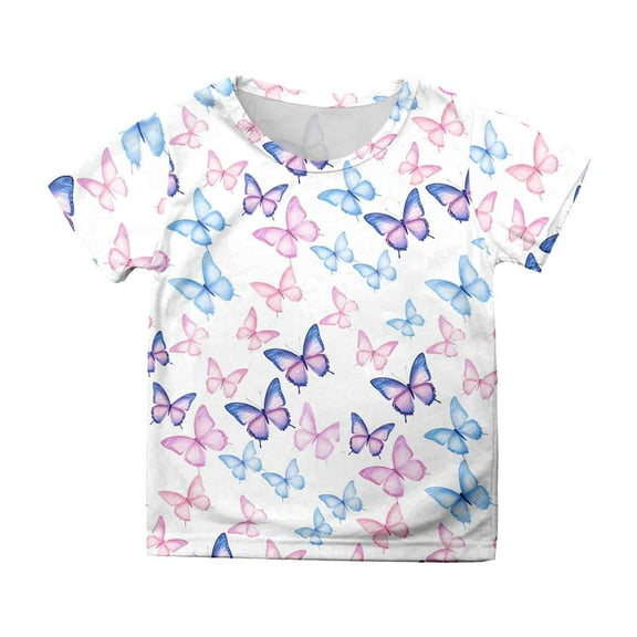 Girls Shirts Kids Butterfly Printed Short Sleeve T Shirt Casual Loose Trendy Top Size 3 Y-4 Y