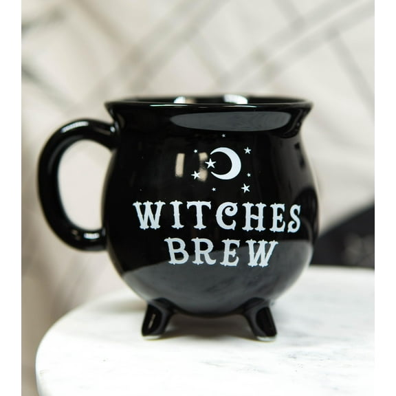 Ebros Wicca Sacred Crescent Moon Witches Brew Black Cauldron Mug Cup 14oz