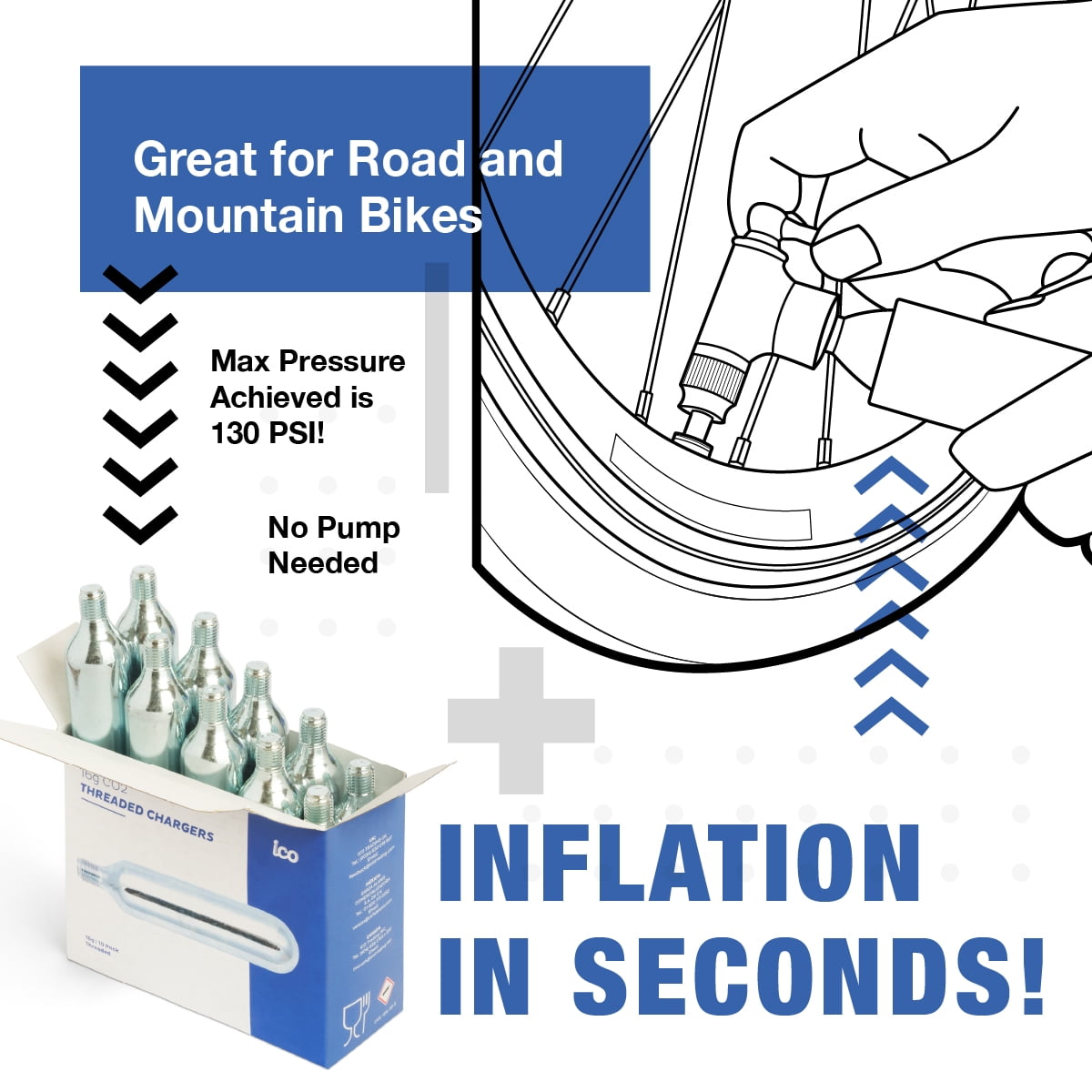 ICO 16g CO2 Cartridges Threaded for Use With CO2 Bike Pump for Tire Repair for Mountain & Road Bikes, Food Grade for Beer, 10 Pack