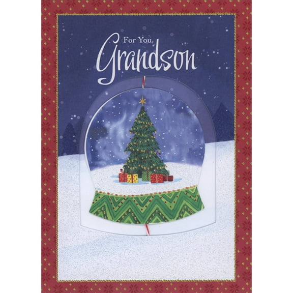 Designer Greetings Die Cut Window Showing 3D Die Cut Snow Globe Attatched By Red and White String Hand Decorated Christmas Card for Grandson