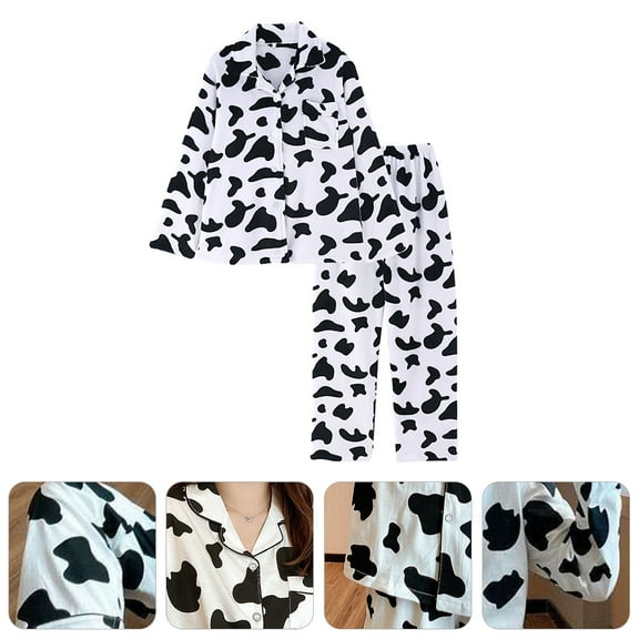 TABLZONE 1 Set Women Pajama Pants Breathable Polyester Long Sleeve Cow Pattern Home Use