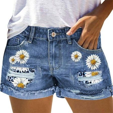 Yanyanz Shorts for Women  Women s Denim Shorts Casual Fashion Shorts Hot Pants Jean Shorts for Women Ripped Printed Patch Denim Shorts Women s High Waist Curly Jeans  Womens Jean Shorts Blue XL