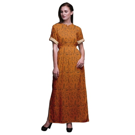 

Bimba Rayon Blueberry Leaves Printed Womenâ€™s Long MaxiÂ DressÂ Gown With Side Slit-XX-Large