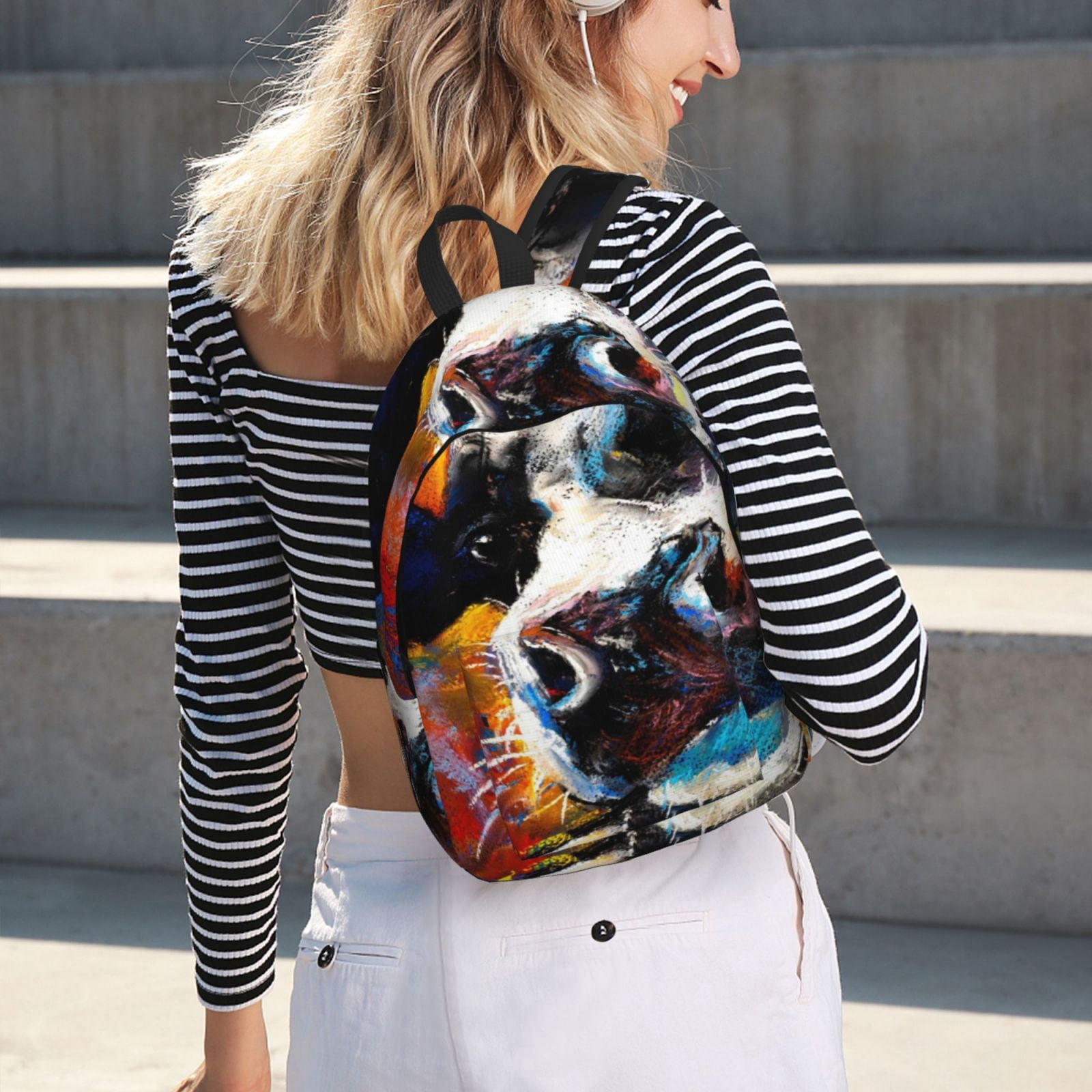 Ratiio Cow Print Canvas Backpack for Women & Men Retro Aesthetic Rucksack Basic Backpack for High School/College Students Travel Laptop Bag