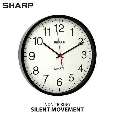SHARP Wall Clock – Black, Silent Non Ticking 12 Inch Quality Quartz Battery Operated Round Easy to Read Home/Kitchen/Office/Classroom/School Clocks, Sweep Movement