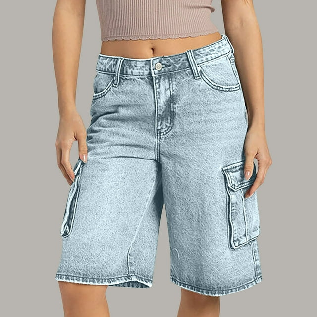 LOVZFMLL Women Solid Color Casual Pocket Button Straight Tube Washed Work Pants Denim Five Quarter Pants Sky Blue L