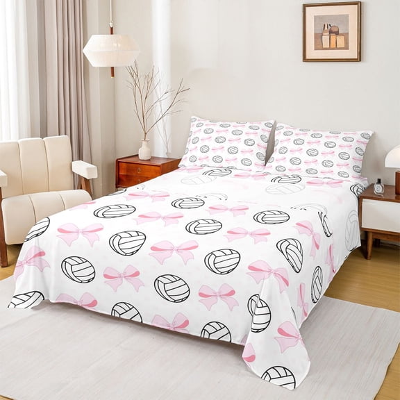 Feelyou Teens Volleyball Sport Twin Sheet Sets, Cartoon Ball Print Twin Fitted Sheet, Cute Princess Bow Flat Sheet, Super Cozy Room Decor, 3 Pieces