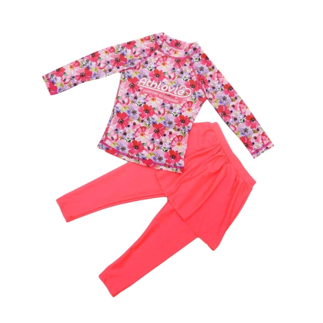 Zwiiyzr 2025 Filles Enfants Maillot de Bain 2 Pcs Imprimé Floral Haut anti-UV à Manches Longues et Pantalon Long avec Jupe Combinaison anti-UV Protection Uv Tenue de Plage Maillot de Bain 3-11 Ans Rouge