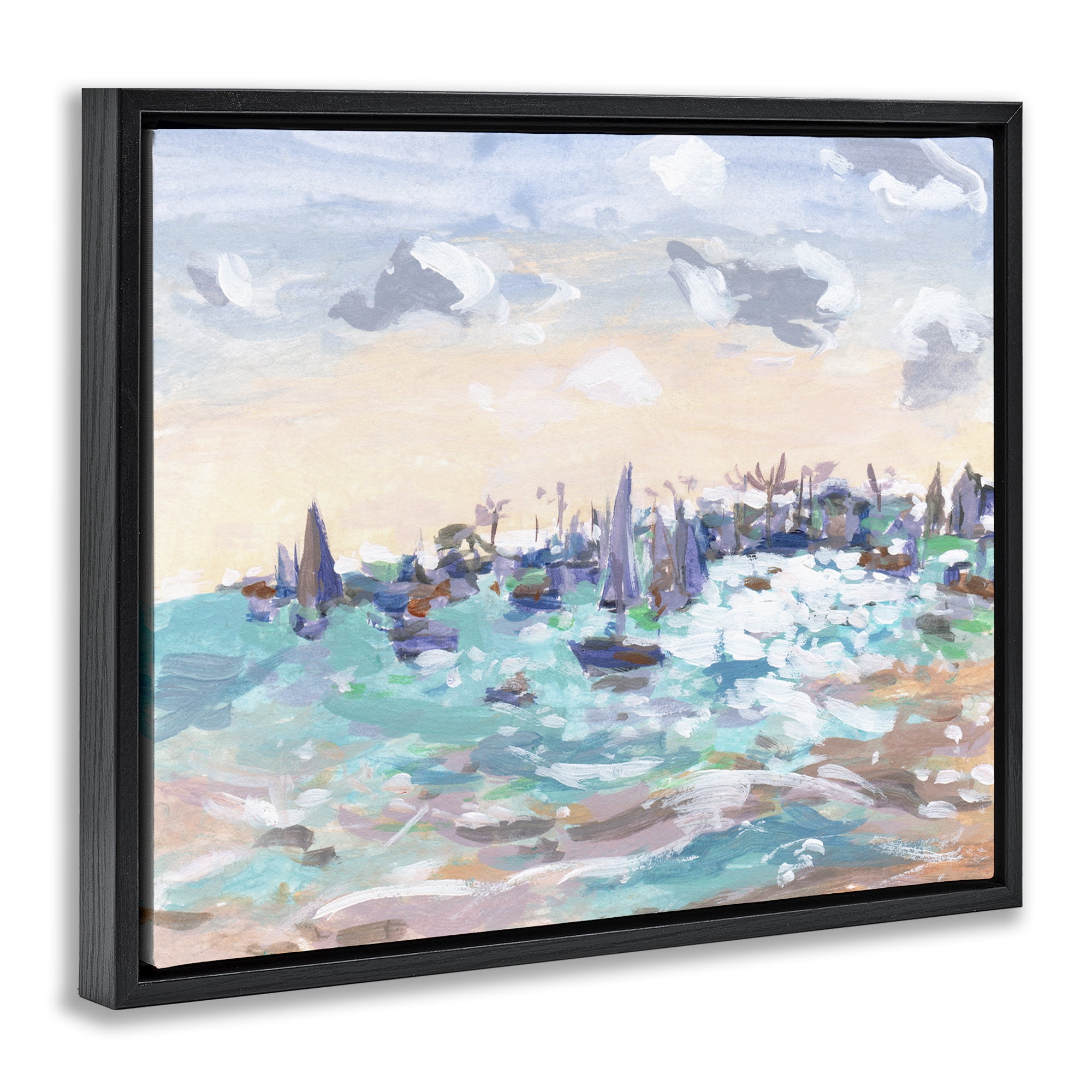 Stupell Industries Sailboats in Rushing Waves Nautical & Beach Painting Black Floater Framed Canvas Art Print Wall Art, 31 x 25
