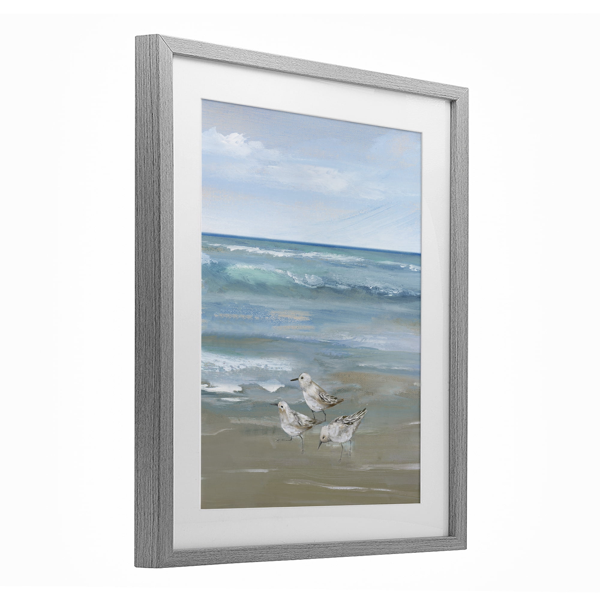 Stupell Industries Sanderlings on Gentle Waves Gray Framed Print Under Glass, design by Nan