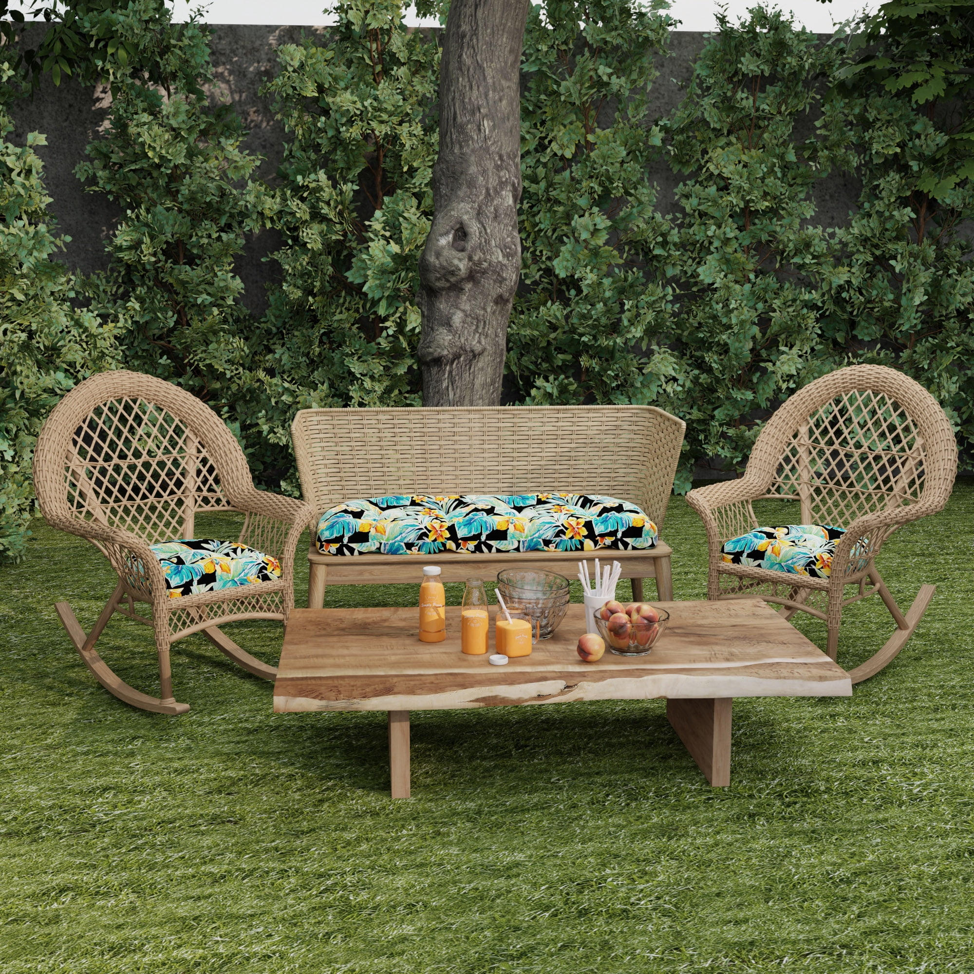 Jordan Manufacturing 44" x 18" Beachcrest Caviar Black Floral Rectangular Tufted Contoured Outdoor Wicker Settee Bench Cushion