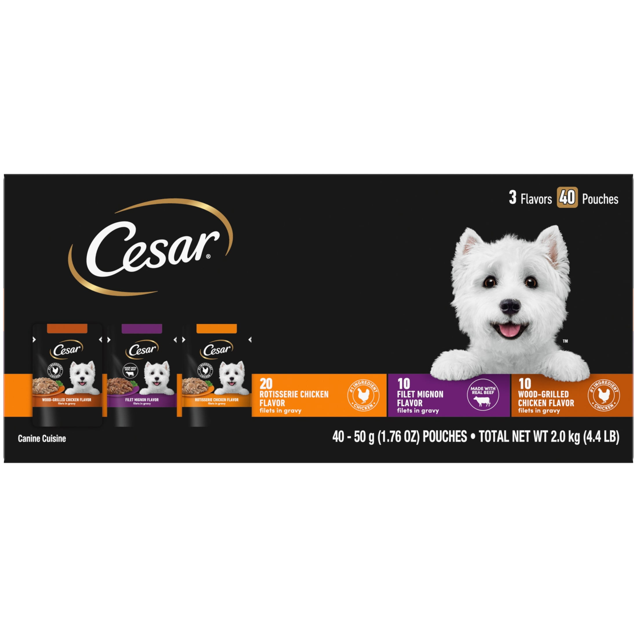 Cesar Filets in Gravy Beef and Chicken Flavors Variety Wet Dog Food, 1.76 oz Mini-Pouches, 40 Ct