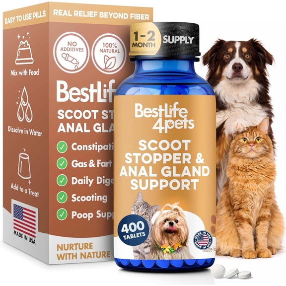 BestLife4Pets Scoot Stopper and Anal Gland Support for Dogs & Cats - Natural Supplement to Ease Anal Pain - Supports Healthy Bowel Function - 400 Pills