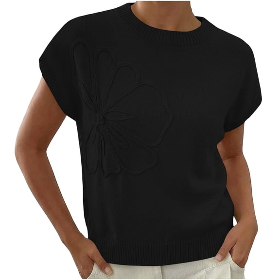 YUGYXL Womens Short Sleeve Sweater Trendy Floral Pullover Sweaters Summer Casual Crewneck Lightweight Knit Tops Black Tops S