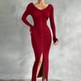 thumbnail image 2 of yillto Women Knit Dress Split Long Sleeve Ruched Slim Midi Dresses High Waist Ribbed Formal Outfits, 2 of 6