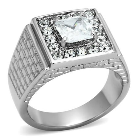 Men High Polished Stainless Steel Ring with AAA Grade CZ in Clear - Size 12