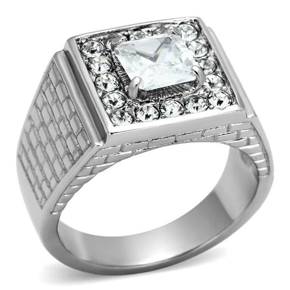 Men High Polished Stainless Steel Ring with AAA Grade CZ in Clear - Size 12