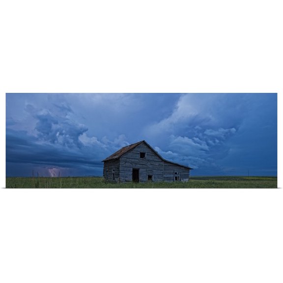 Great BIG Canvas | Rolled Robert Postma Poster Print entitled Lightning strikes over the prairies and abandoned farm house, Val Marie,
