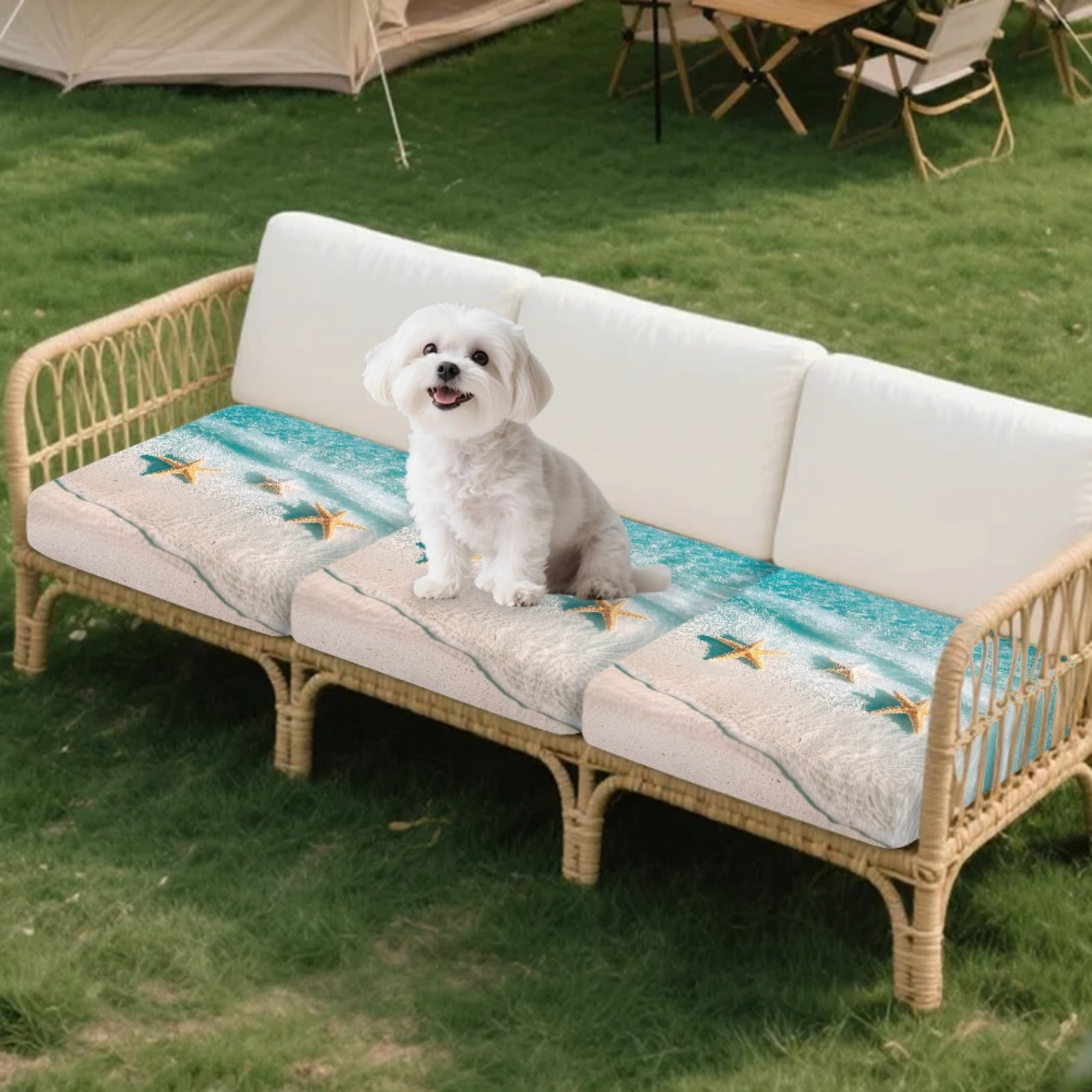 Xoenoiee Beach Starfish Print Stretch Patio Cushion Covers Sofa Couch Seat Chair Slipcovers Waterproof Cushion Cover Replacement Furniture Protector for Pets Kids
