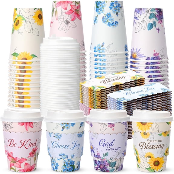 48 Pack Easter Pretty Disposable Floral Coffee Cups with Lids & Sleeves 12 oz Christian Scripture Paper Cups Bible Verse Hot Cold Coffee Drinkware for Home Office Wedding Baby Shower Party