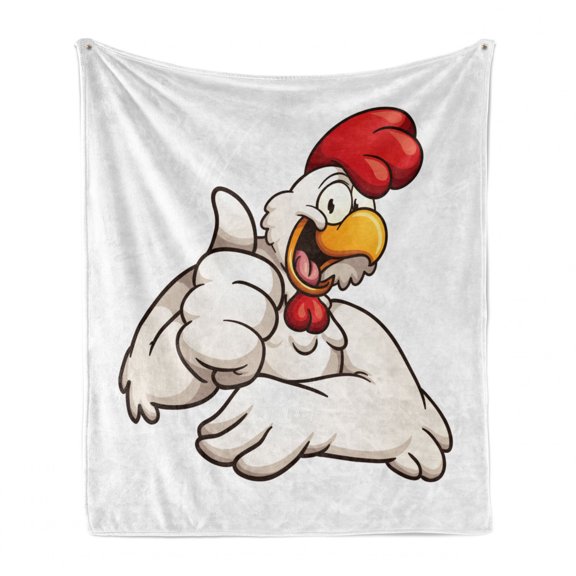 Smile Soft Flannel Fleece Throw Blanket, Cartoon Style Joyous Chicken Giving Funny Thumbs, Cozy Plush for Indoor and Outdoor Use, 50" x 60", White Vermilion Eggshell, by Ambesonne