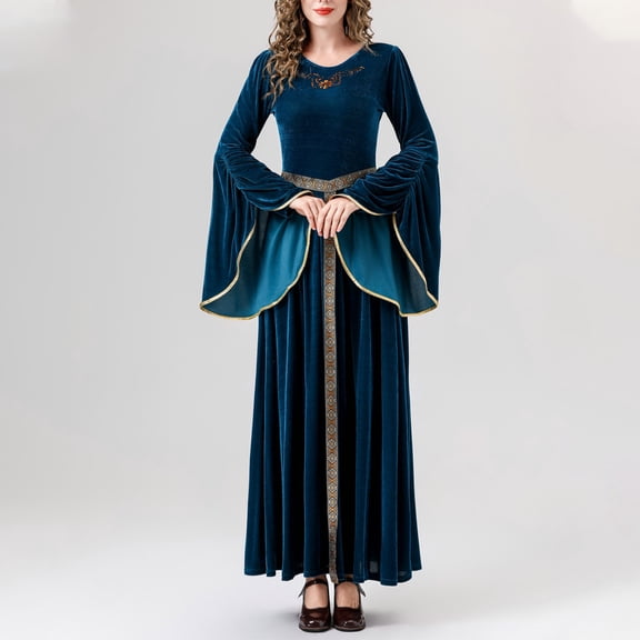 UPPADA Medieval Renaissance Dresses for Women Wide Bell Sleeve Crew Neck Victorian Ball Gown Adult Halloween Costume Dark Blue,L