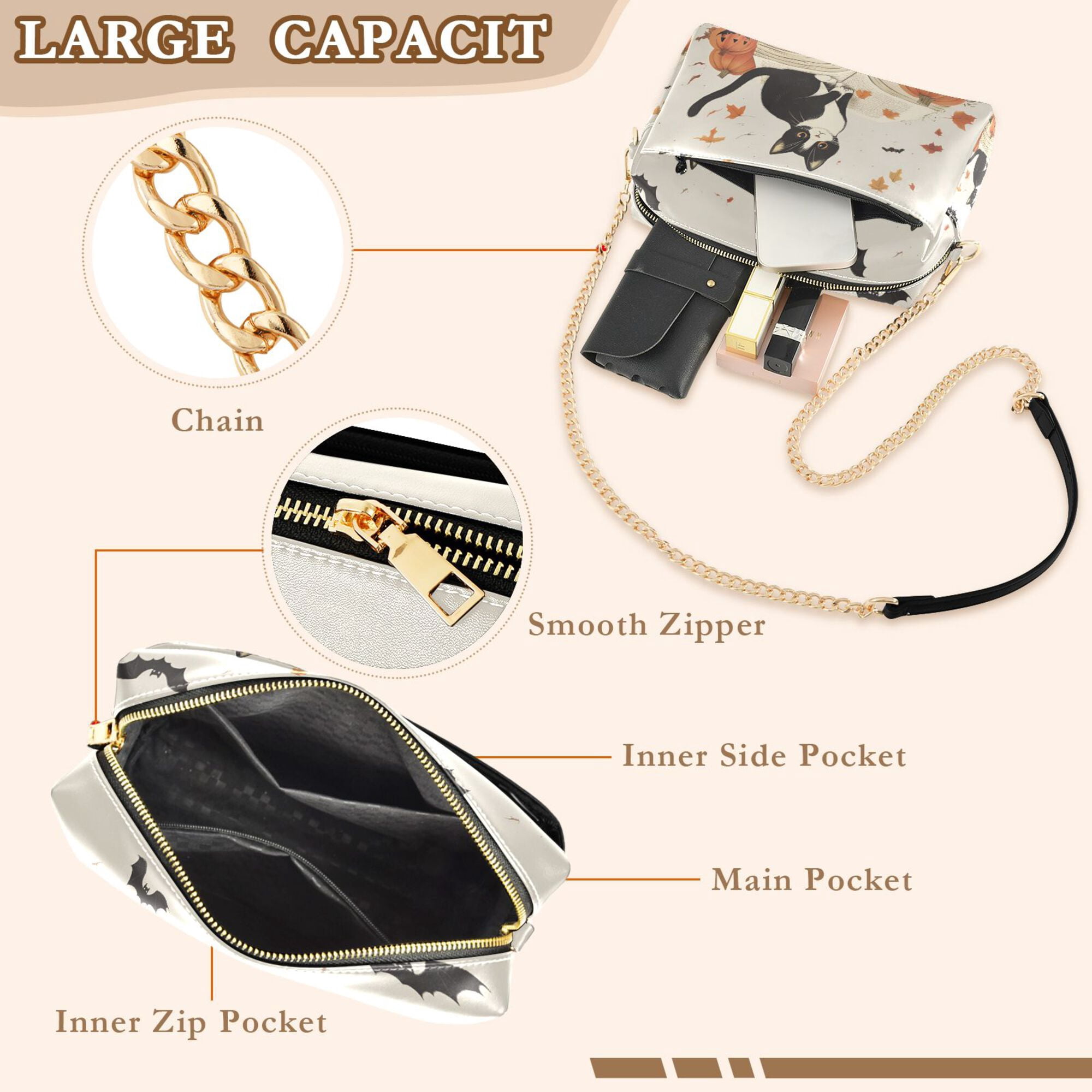 FORMRS Women Crossbody Purse with Chain Strap Vegan Leather Shoulder Handbag, Gray Cartoon Halloween Cat