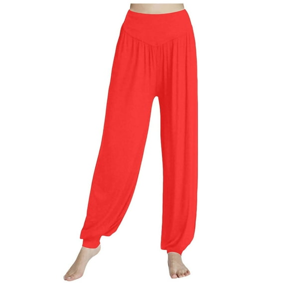 GEWSEY Womens Baggy Wide Leg Pants Casual Elastic Waisted Palazzo Harem Pants with Pockets (Red, M)
