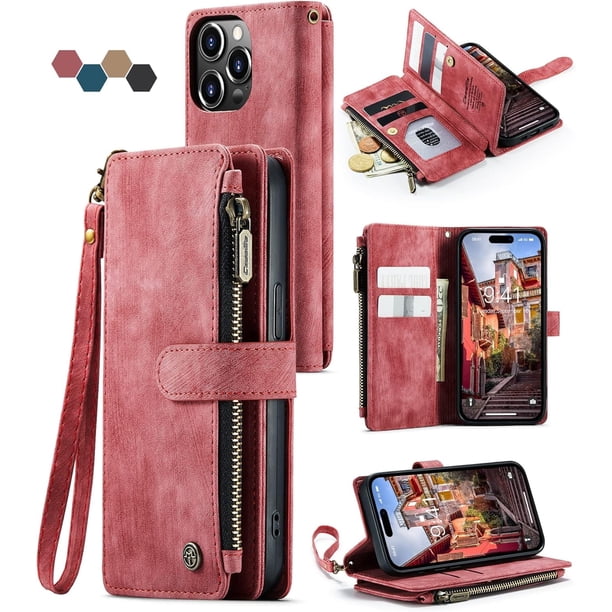 Funda para iPhone 14 5G, Funda billetera para iPhone 14 5G con Soporte para Tarjeta, Bolsillo Magnético con Cremallera, Correa de Cordón, Billetera de Cuero con Tapa para iPhone 14 5G de 6.1 Pulgadas