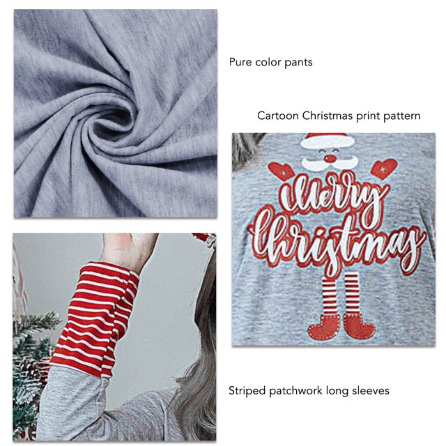 Loungewear Set, Two Piece Stripes Patchwork Stretchy Women Christmas Pajama Set For Daily Life For Lady Light Gray XXXL