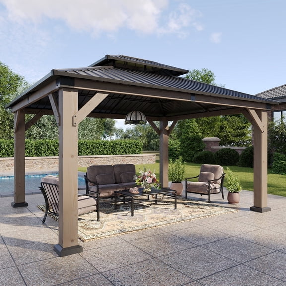 Dateyes 12' x 14' Outdoor Wood Gazebo, Hardtop Gazebo Permanent Wooden Pavilion with Galvanized Steel Double Roof, for Patio, Garden, Deck, Cedar Wood