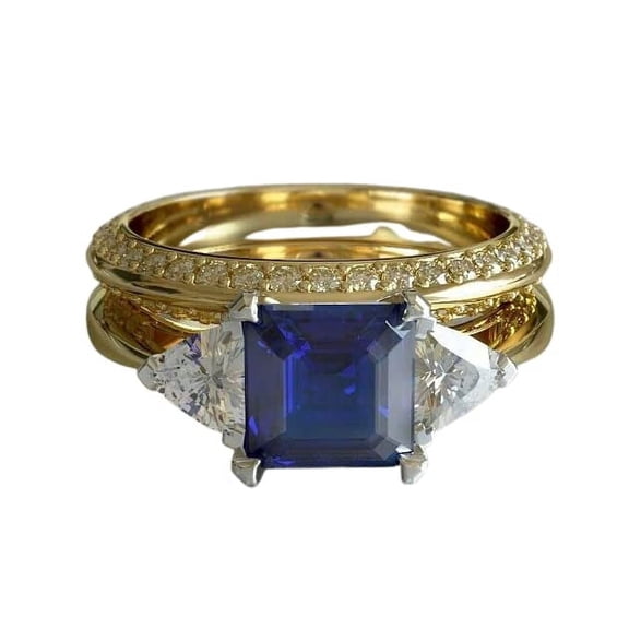HeartsAndYou 3ct Natural Sapphire & Diamond Engagement Ring Bridal Set 14k SOLID Yellow Gold