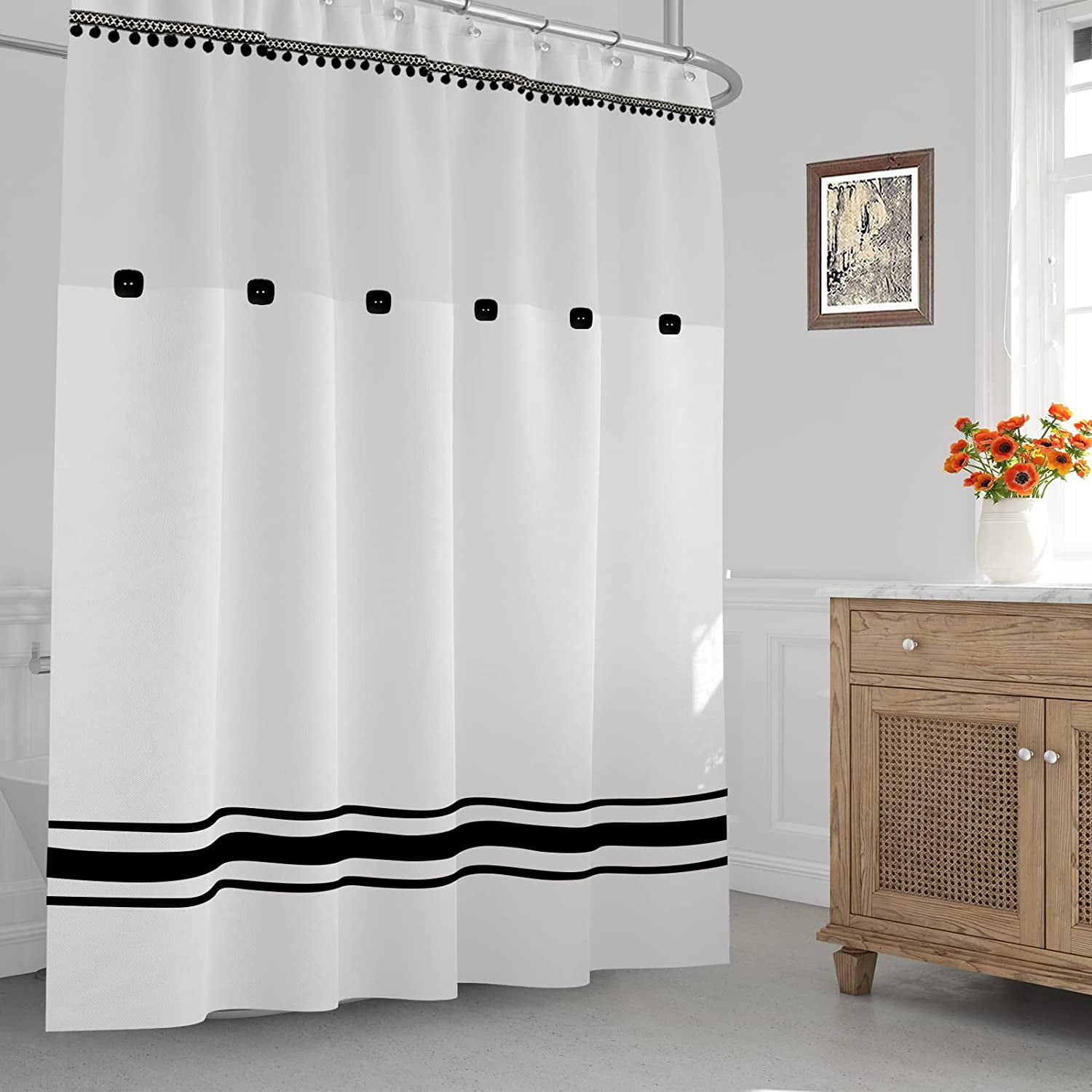 Black and White Shower Curtain Fabric Shower Curtain Modern Shower Curtain with Buttons 72"x72