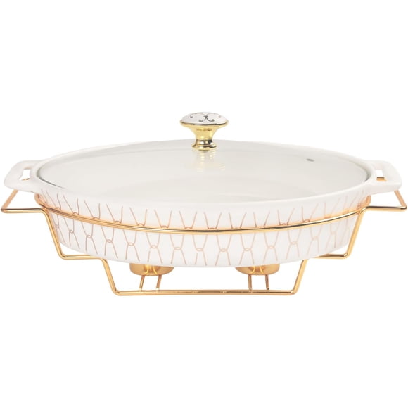 jinsongdafa Ceramic Casserole Dish with Glass Lid and rack, 54 ounce Serving Soup Tureen,Chafing Dish for Buffet, Family Food preserve Tray, Catering Casserole for Party Style, White 14.2 Inch Oval