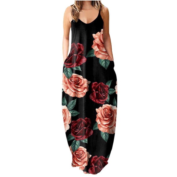 Vestido largo de camisola con bolsillo para mujer con cuello en V y estampado sin mangas a la moda para mujer sexy Pompotops ghjkhdj7399