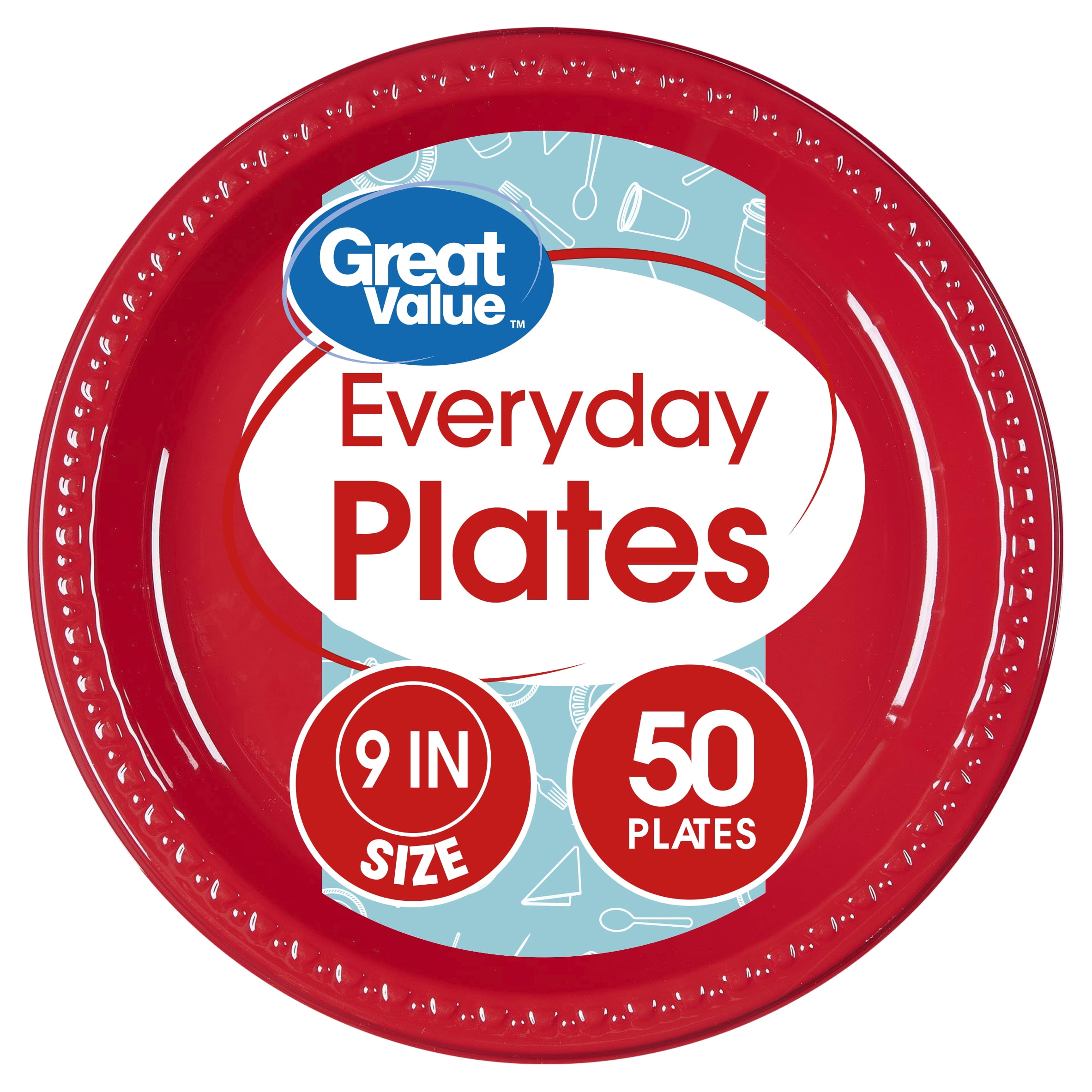 Great Value Red Plastic Lunch Plates, 9", 50 Count
