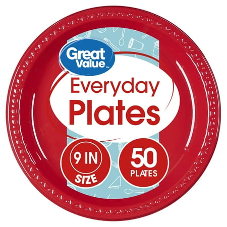 (3 pack) Great Value Red Plastic Lunch Plates, 9", 50 Count, 3 Pack (150 Total Plates)