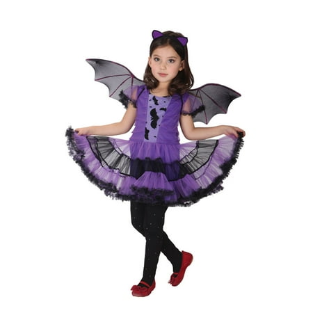 Girls' purple bat costume set with dress and wings, l Large(7-9age)
