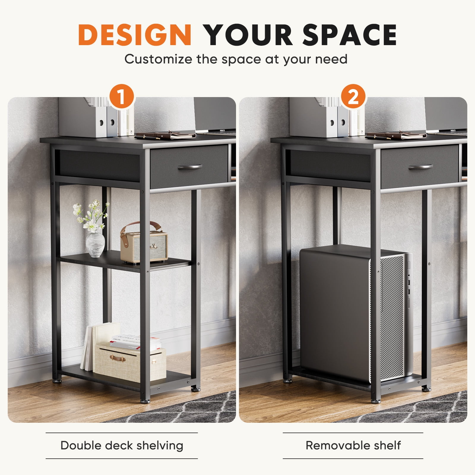 MAYEERTY 48in Adjustable Small Computer Desk, Metal Writing Study Table with Storage and Headphone Hook, Home Office