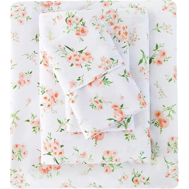 Floral King Sheet Set Piece Vintage Pink & Yellow Flower Patterned Bed Sheets Soft Breathable Microfiber Sheets with Deep Pocket Fitted Sheets & Pillowcases