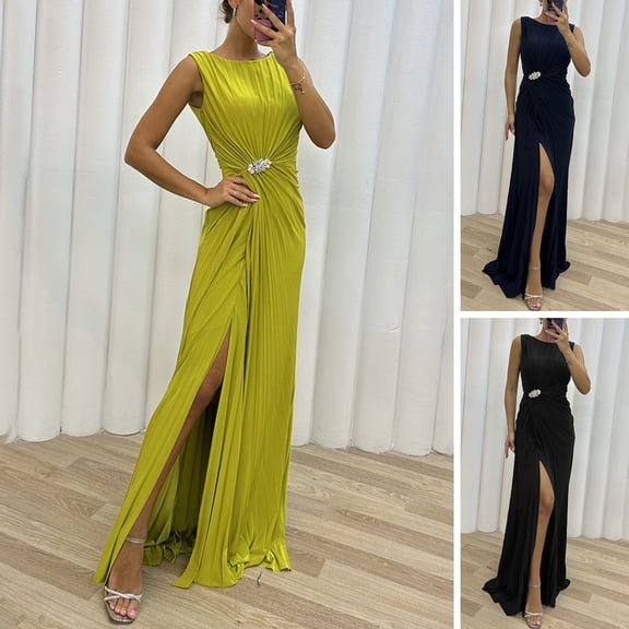Lady Evening Dress - Pleated Slit Hem Floor Length, Rhinestone Decor Sleeveless, Round Neck High Waist Maxi Dress