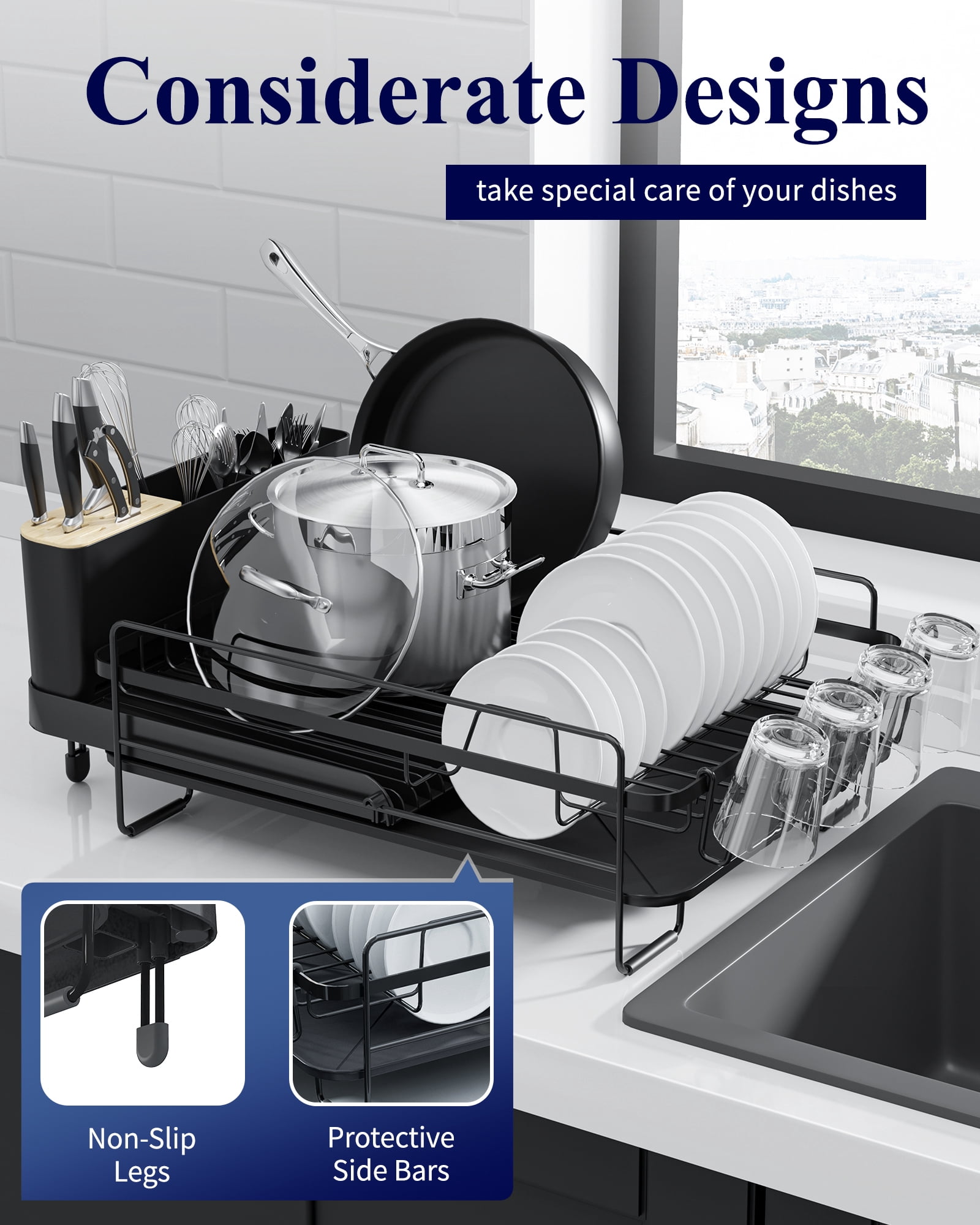 Sakugi Dish Drying Rack, Extendable Dish Drainer, Anti-Rust Dish Rack for Kitchen Counter, 26.2" x 12.9" x 7.2", Black