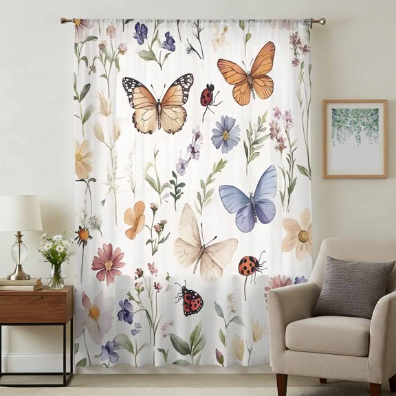 Spring Pastoral Botanical Sheer Curtains 96 Inches Long, Farmhouse Butterfly Floral Light Filering Curtains, Privacy Drapes Simi Floor to Veiling Curtain for Living Room Bedroom Window Treatment