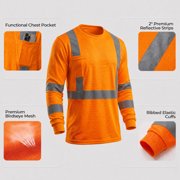 Hi-Vis Safety Shirt Class 3 Reflective, Orange Long Sleeve Work T-Shirt 6-Pack XL